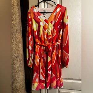 Nicole Miller Red and Orange Long Sleeve Dress